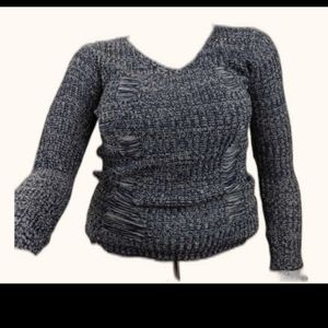 Ashley Navy Grey Knit Distressed Sweater Large